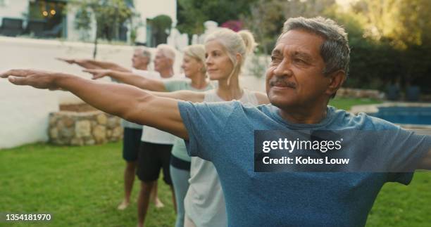 scatto di un gruppo di anziani che praticano yoga insieme all'esterno - seniors and group and diverse foto e immagini stock