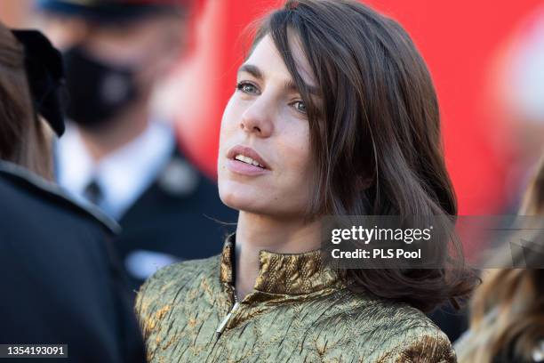 Charlotte Casiraghi leaves a thanksgiving mass at the Cathedral of Monaco during the Monaco National Day Celebrations on November 19, 2021 in...