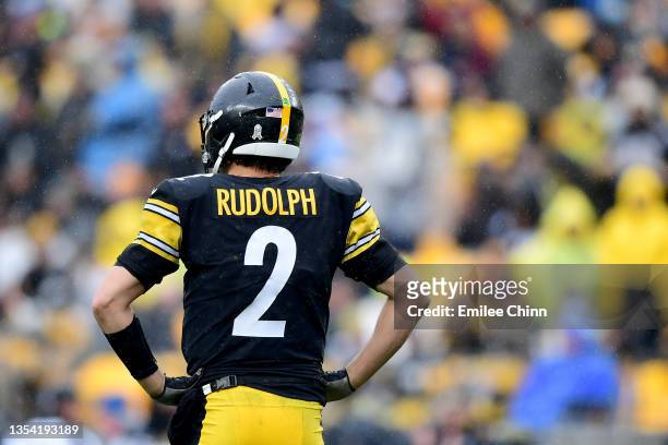 Mason Rudolph of the Pittsburgh Steelers looks on during a game against the Detroit Lions at Heinz Field on November 14, 2021 in Pittsburgh,...