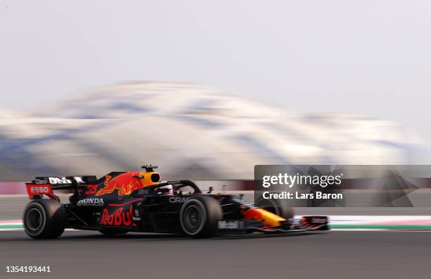 Max Verstappen of the Netherlands driving the Red Bull Racing RB16B Honda during practice ahead of the F1 Grand Prix of Qatar at Losail International...