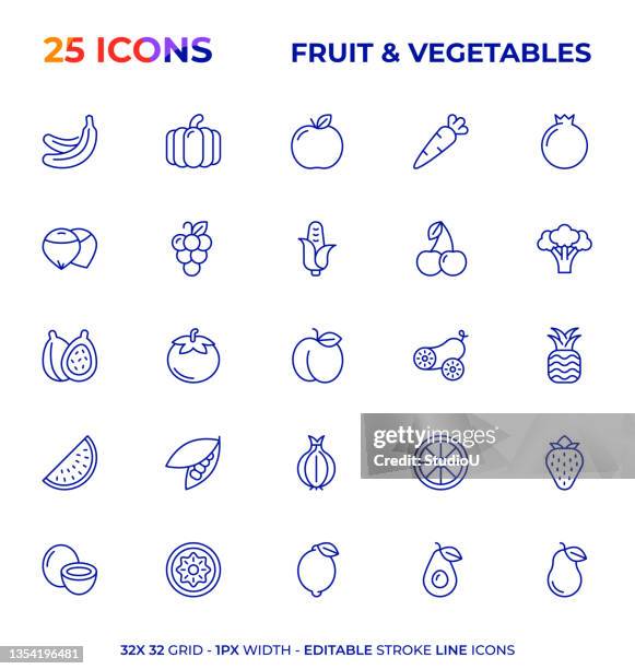 ilustrações, clipart, desenhos animados e ícones de variedade de ícones da linha de traçado editável de frutas e legumes - milho doce