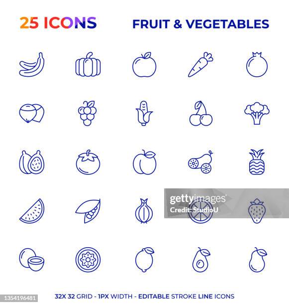fruits and vegetables editable stroke line icon series - sweetcorn stock illustrations