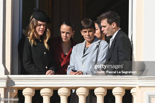 Camille Gottlieb, Pauline Ducruet, Princess Stephanie of Monaco, Marie Chevallier and Louis Ducruet appear at the Palace balcony during the Monaco...