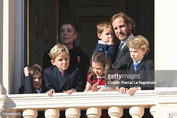 Raphael Casiraghi, Sacha Casiraghi, India Casiraghi, Princess Caroline of Hanover, Balthazar Rassam and Andrea Casiraghi appear at the Palace balcony...