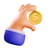 Money or business or salary concept illustration with cartoon 3d rendered hand holding golden coin with dollar sign isolated on white background. Vector illustration