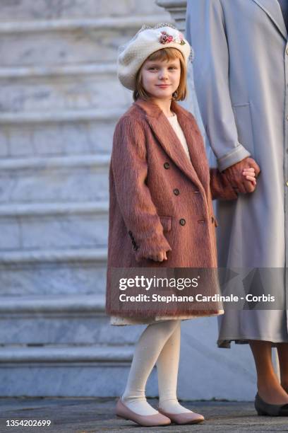 Princess Gabriella of Monaco attends the Monaco National day celebrations in the courtyard of the Monaco palace on November 19, 2021 in Monte-Carlo,...