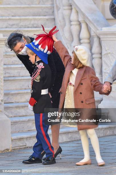 Princess Caroline of Hanover, Prince Jacques of Monaco and Princess Gabriella of Monaco attend the Monaco National day celebrations in the courtyard...