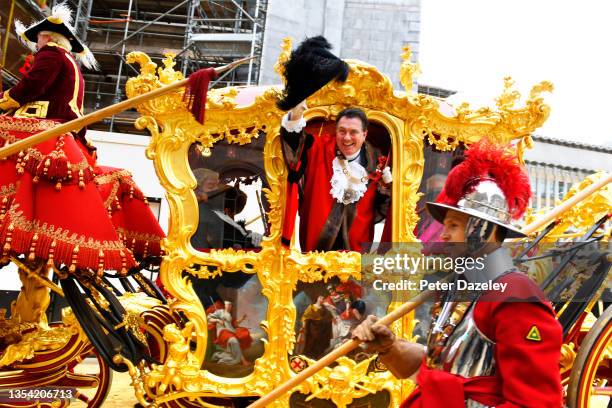 Mayor Vincent Keaveny waving from the State Coach during the 2021 Lord Mayor’s Show on November 13,2021 in London, England.