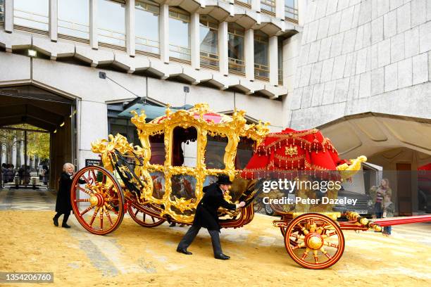 The State Coach rides out of Guildhall before the show prior to the 2021 Lord Mayor’s Show on November 13,2021 in London, England.