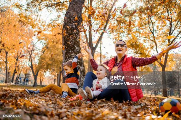 mother with her two kids throwing leaves on autumn day - young leafs stockfoto's en -beelden