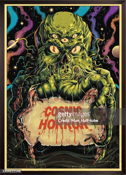 ilustrações, clipart, desenhos animados e ícones de pôster de terror monstro cthulhu - scary