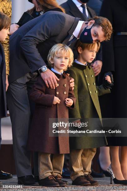 Pierre Casiraghi, Stefano Casiraghi and Francesco Casiraghi attend the Monaco National day celebrations in the courtyard of the Monaco palace on...