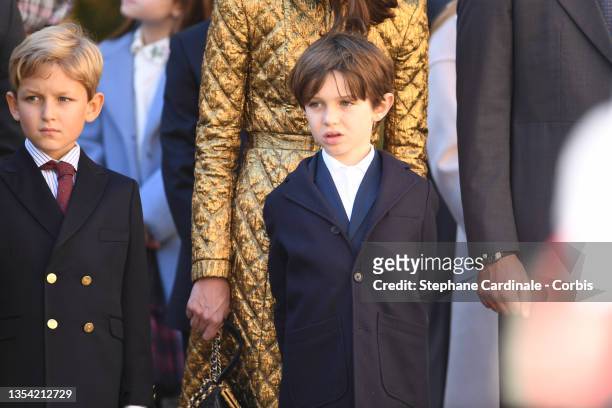 Alexandre Casiraghi and Raphael Elmaleh attend the Monaco National day celebrations in the courtyard of the Monaco palace on November 19, 2021 in...