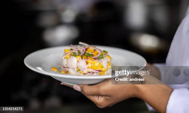 close-up on a chef holding a plate of ceviche at a restaurant - dining presentation food imagens e fotografias de stock