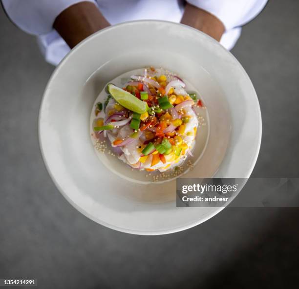 nahaufnahme eines kochs, der einen teller ceviche in einem restaurant hält - dining presentation food stock-fotos und bilder