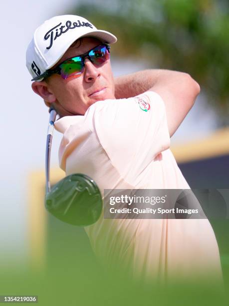 Grant Forrest of Scotland plays a shoot during Day Two of The DP World Tour Championship at Jumeirah Golf Estates on November 19, 2021 in Dubai,...