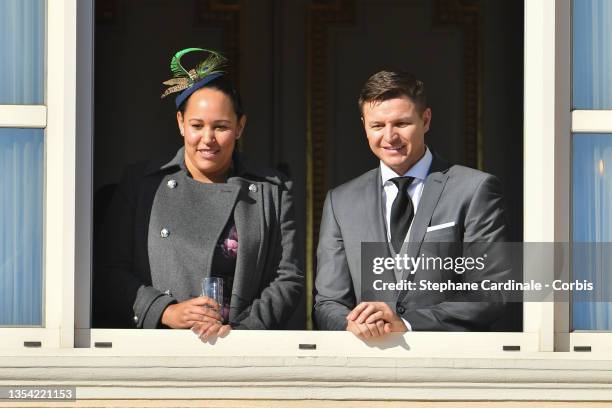 Gareth Wittstock and guest appear at the Palace balcony during the Monaco National Day Celebrations on November 19, 2021 in Monte-Carlo, Monaco.