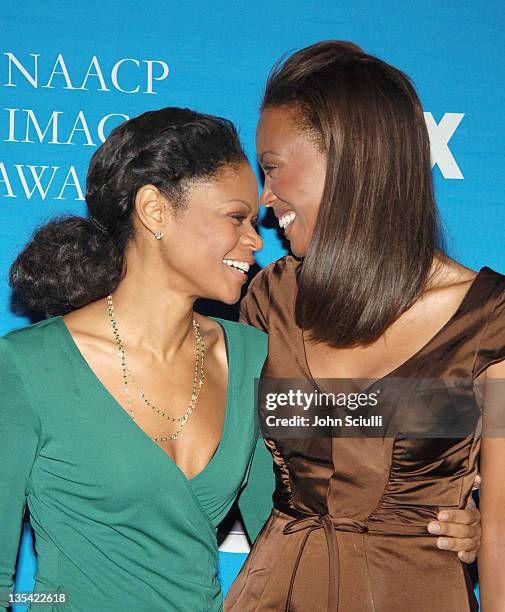 Kimberly Elise and Aisha Tyler during The 37th NAACP Image Awards - Nominations Press Conference at Peninsula Beverly Hills Hotel in Beverly Hills,...