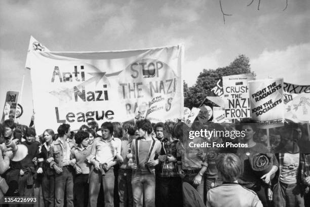 Young protesters marching towards Brockwell Park, Brixton, during the second 'Carnival Against Racism', organized by the Rock Against Racism movement...