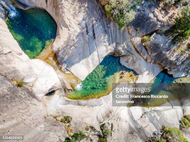 purcaraccia waterfalls in corsica island, france. aerial view - cascade france stockfoto's en -beelden