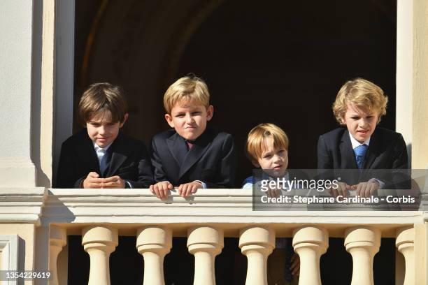 Raphael Elmaleh, Alexandre Casiraghi, Francesco Casiraghi and guest appear at the Palace balcony during the Monaco National Day Celebrations on...