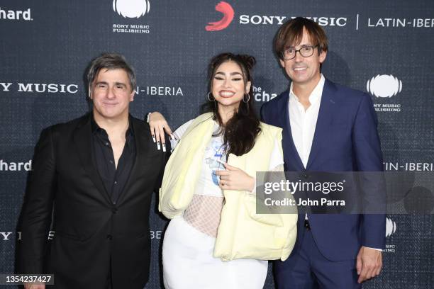 Afo Verde, Paloma Mami and Alex Gallardo arrive at Sony Music Latin's Official El AfterParty on November 19, 2021 in Las Vegas, Nevada.