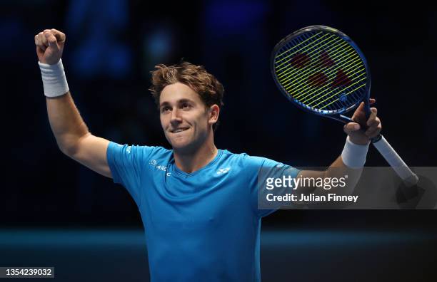 Casper Ruud of Norway celebrates after winning the Round Robin match against Andrey Rublev of Russia on Day Six of the Nitto ATP World Tour Finals at...