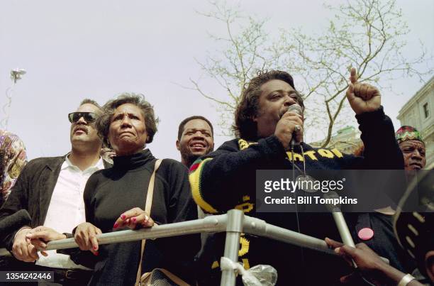 April 30th: MANDATORY CREDIT Bill Tompkins/Getty Images Al Sharpton leads a protest march after the jury delibertaion and verdict during the Rodney...