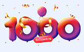 banner with 1K followers thank you in form of 3d gradient balloons and colorful confetti. Vector illustration 3d numbers for social media 1000 followers thanks, Blogger celebrating subscribers, likes