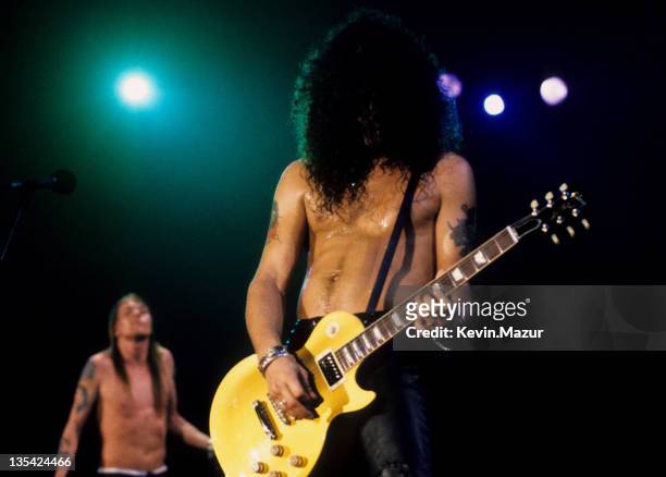 Axl Rose and Slash of Guns N Roses perform live at Rock In Rio II on January 15, 1991 in Rio De Janeiro, Brazil.