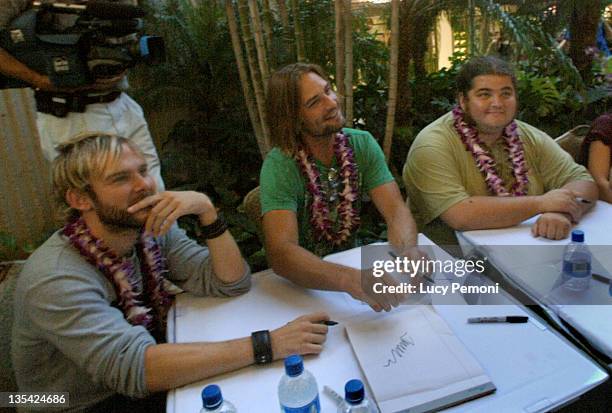 Dominic Monaghan, Josh Holloway, and Jorge Garcia during Cast of "Lost" Raises Money for American Cross Hurricane Katrina Relief Fund in Honolulu at...