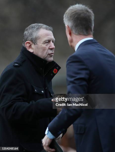 Former Rangers players Andy Goram and Richard Gough are seen leaving the memorial service for former Rangers manager Walter Smith at Glasgow...