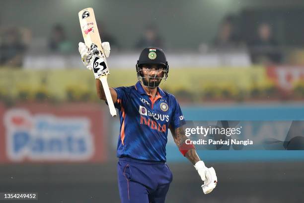 Rahul of India celebrates 50 runs during the T20 International Match between India and New Zealand at JSCA International Stadium Complex on November...