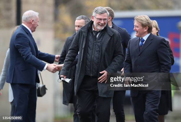 Craig Levein and Stuart McCall are seen arriving at the Memorial Service For Former Rangers Manager Walter Smith at Glasgow Cathedral on November 19,...