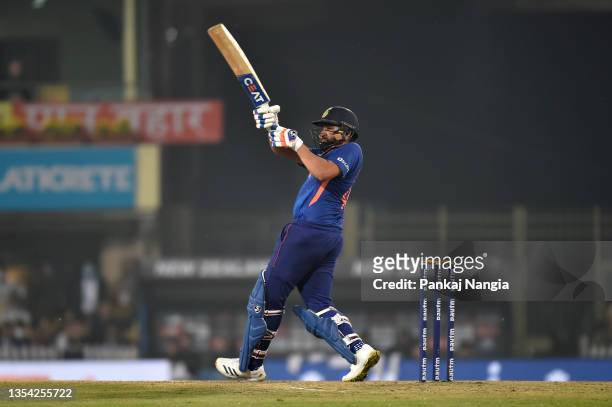Rohit Sharma of India plays a shot during the T20 International Match between India and New Zealand at JSCA International Stadium Complex on November...