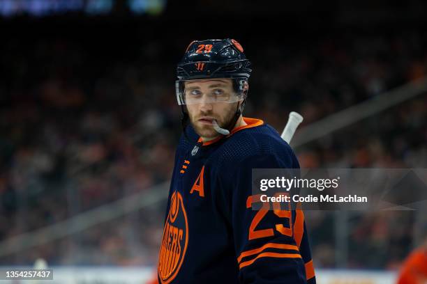 Leon Draisaitl of the Edmonton Oilers skates against the Winnipeg Jets during the first period at Rogers Place on November 18, 2021 in Edmonton,...