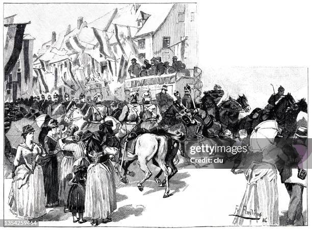 army maneuvers in germany: troops march through strasbourg - marching exercise stock illustrations
