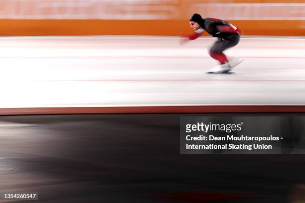 Laurent Dubreuil of Canada competes in the 1000m Men Division A during Day 1 of the ISU World Cup Speed Skating at Sormarka Arena on November 19,...
