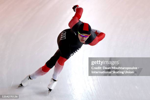 Zhongyan Ning of China competes in the 1000m Men Division A during Day 1 of the ISU World Cup Speed Skating at Sormarka Arena on November 19, 2021 in...