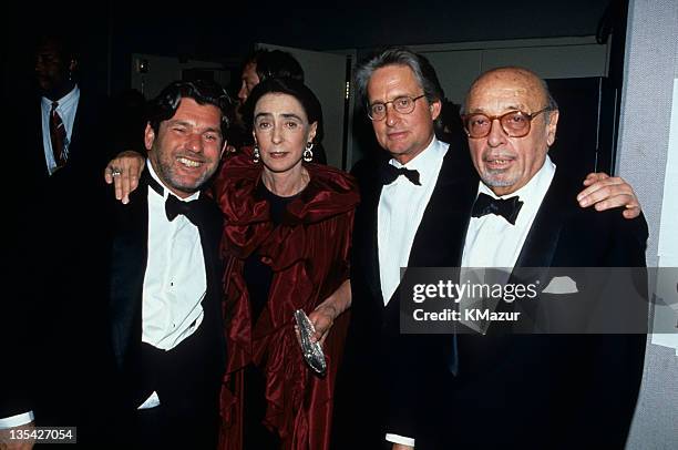 Jann Wenner, Mica Ertegun, Michael Douglas and Ahmet Ertegun at the 12th Annual Rock & Roll Hall of Fame Induction ceremony on May 9, 1997.