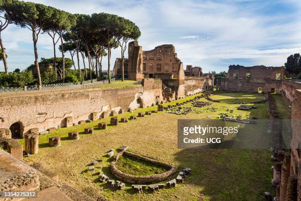 Rome, Italy, The so-called Stadium of the Flavian Palace on the Palatine hill. The Stadium is now thought to have been a huge garden. The historic...