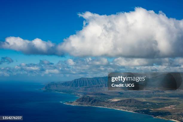 Aerial view of Waianae Hawaii in Honolulu County. Waianae is the main town on Oahu's leeward coast. The Waianae Coast boasts some of Oahu's most...