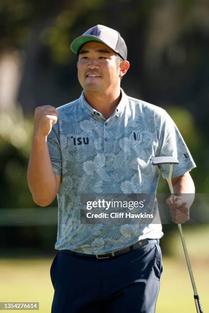 John Huh of the United States reacts after a long putt on the 14th green during the second round of The RSM Classic on the Plantation Course at Sea...