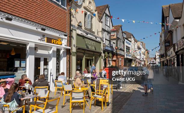 Salisbury, Wiltshire, England, UK, Pedestrian street in city center with outside drinking and eating just reopens as Covid restrictions end.