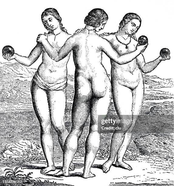 the 3 graces, after a painting by raphael - three graces stock illustrations