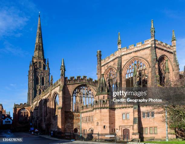 Ruins of church of Saint Michael, Coventry cathedral, West Midlands, England, UK bomb damage from Second World War.