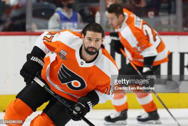 Nate Thompson of the Philadelphia Flyers warms up against the Calgary Flames at the Wells Fargo Center on November 16, 2021 in Philadelphia,...