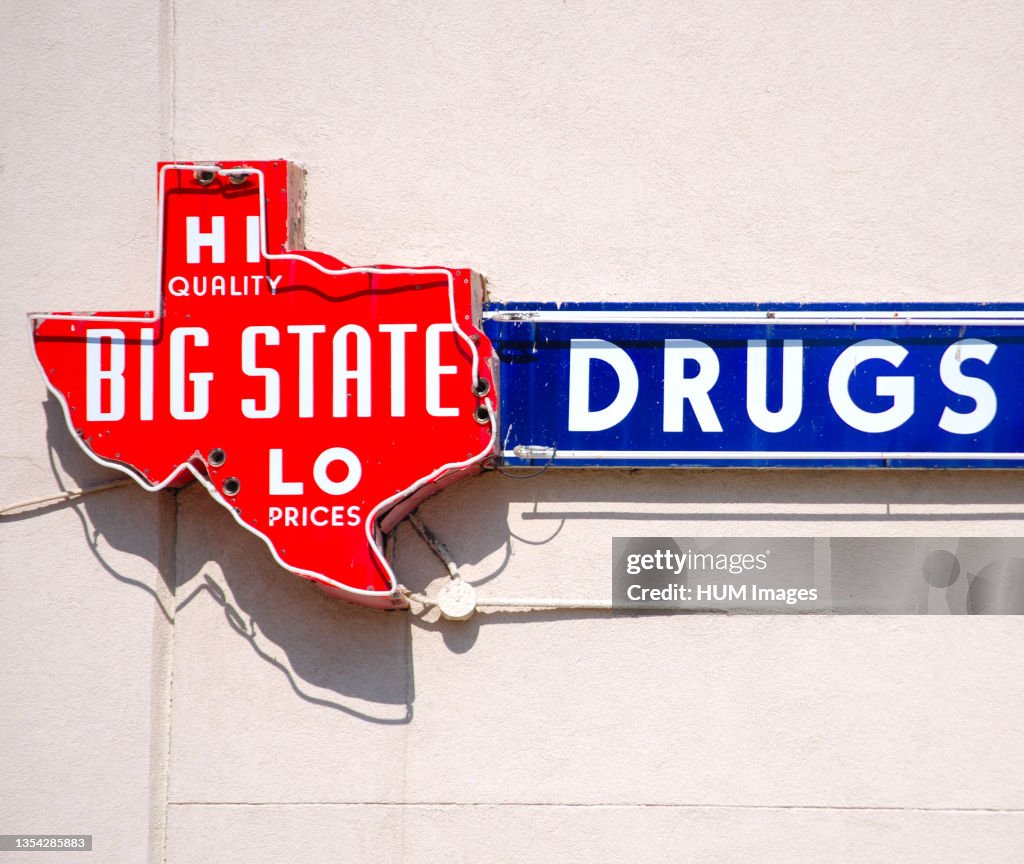 Big State Drug Store (close up of sign) in downtown Irving, Texas ca. 2008