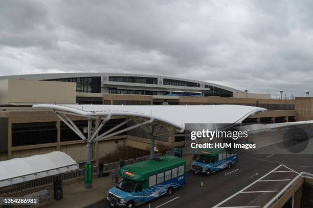 Shuttle parking vans waiting for passengers arriving at DFW International Airport in Dallas..