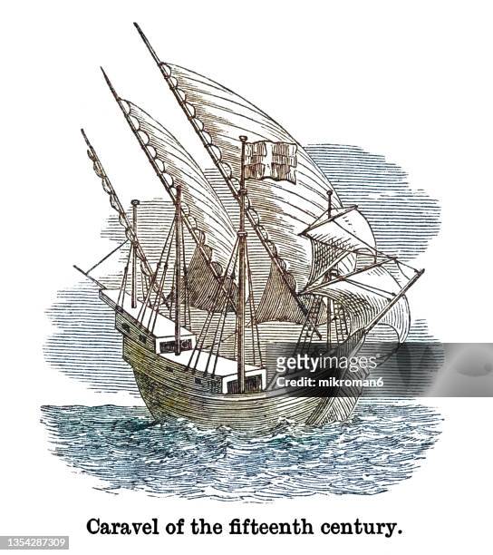 old engraved illustration of caravel, sailing ship of the fifteenth century - caravel stock pictures, royalty-free photos & images
